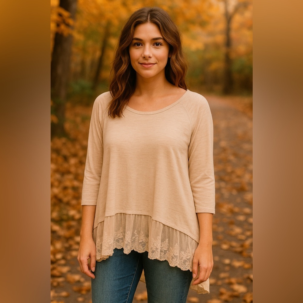 Umgee Beige Lace Hem 3/4 Sleeve High Low Blouse Size Small